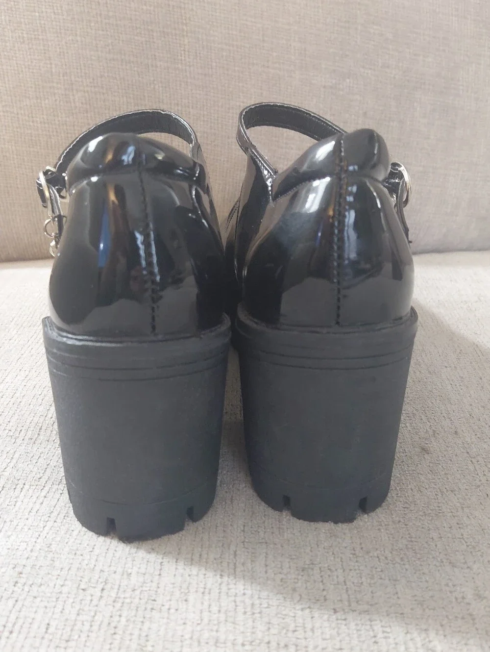 Black Patent Chunky Heel Lug Sole Mary Jane Shoes Size 10